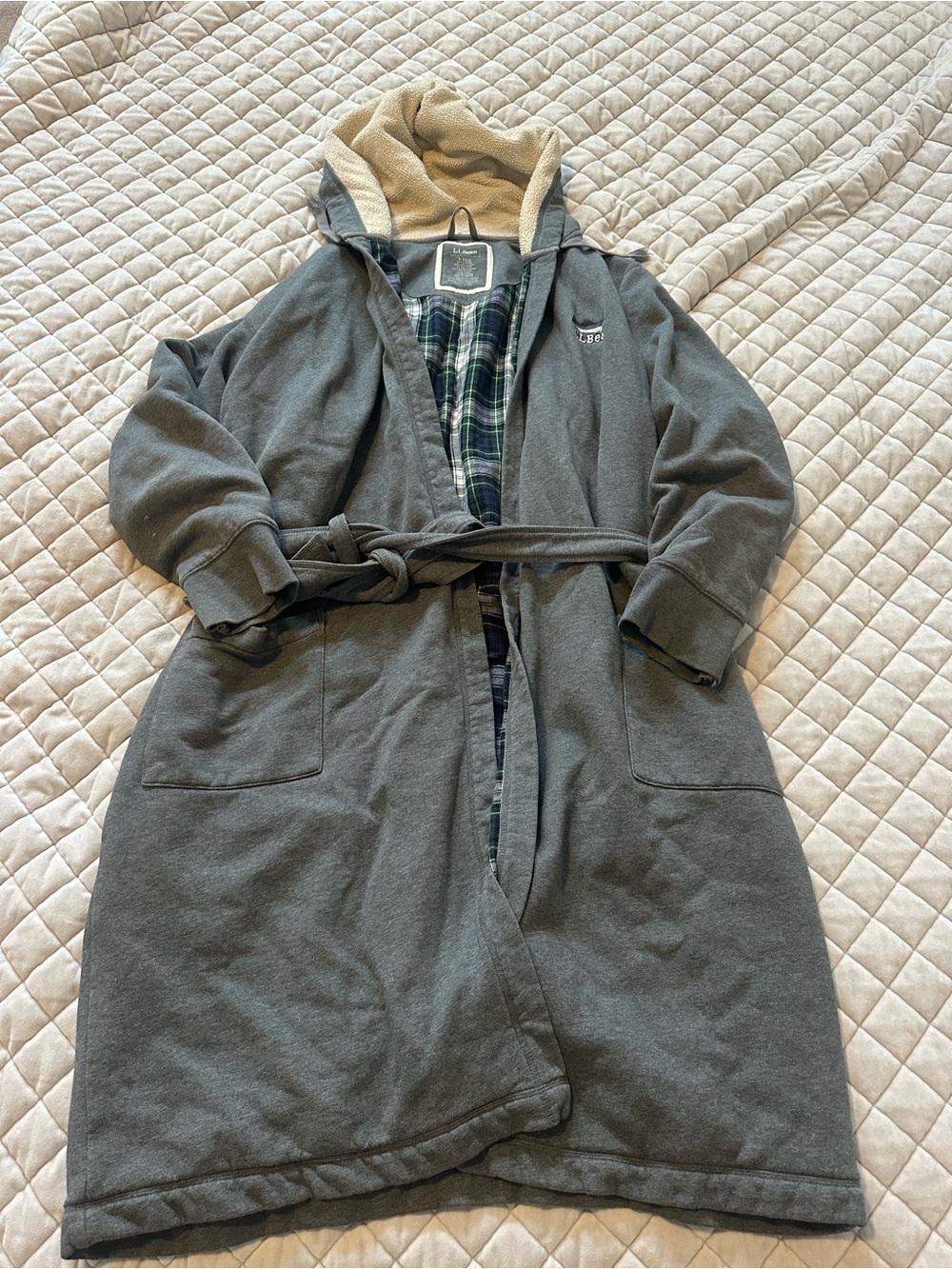 L.L. Bean Men's Hooded Trench Coat in Charcoal Gray with Cream Sherpa Hood